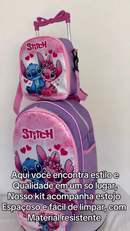 Kit mochila escolar infantil Stitch + Lancheira Térmica + Estojo de Rodinhas Reforçada
