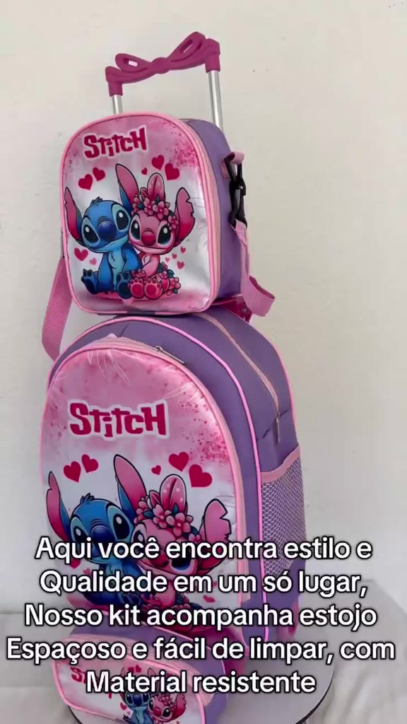 Kit mochila escolar infantil Stitch + Lancheira Térmica + Estojo de Rodinhas Reforçada