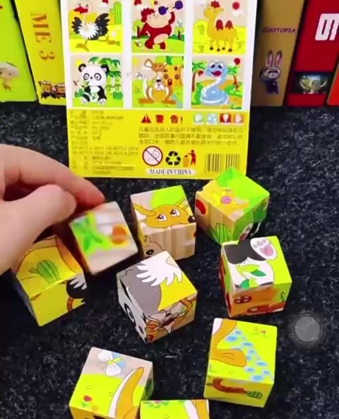 Quebra-Cabeça Em Blocos de Madeira Educativo Infantil Montessori De Seis Desenhos Cubo